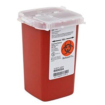 Covidien™ 1 Quart Red Phlebotomy Sharps Container SharpSafety™ Vertical Entry Lid