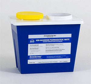 Bemis™ Sentinel 2 Gallon Pharmaceutical Waste Container Blue Base/White with Yellow Lid Vertical Entry Gasketed Screw On Lid